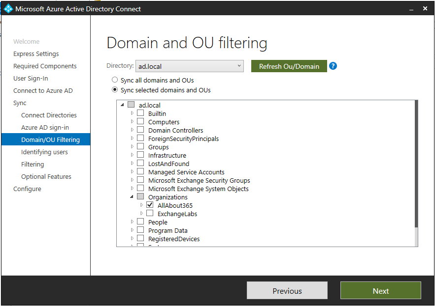 Azure Active Directory Connect - Domain and OU Filtering