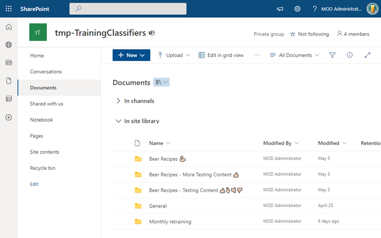 Screenshot of dedicated SharePoint document library prepared with strong examples to teach a custom trainable classifier