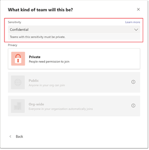 Screenshot of the sensitivity options when creating a new team.