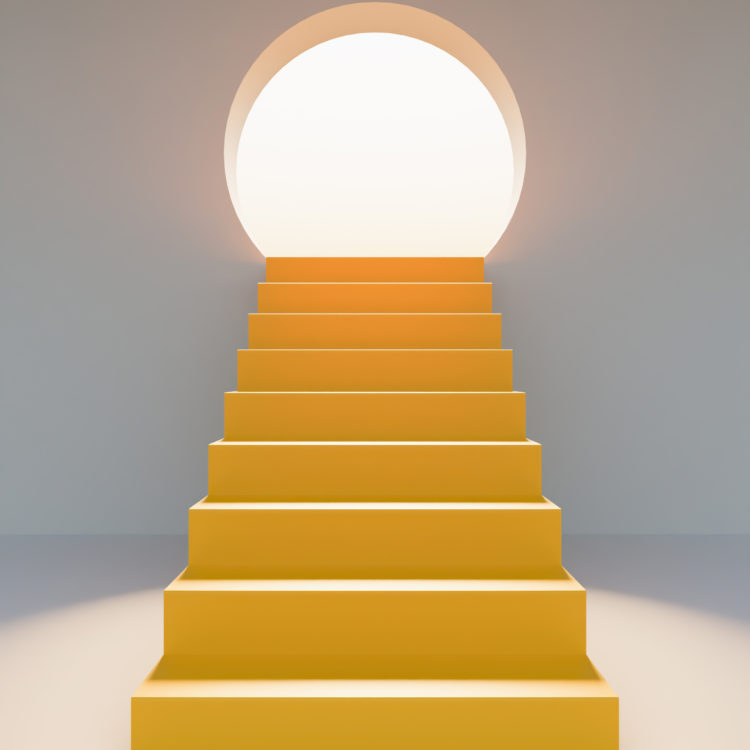 stairs in front with a round door illuminated